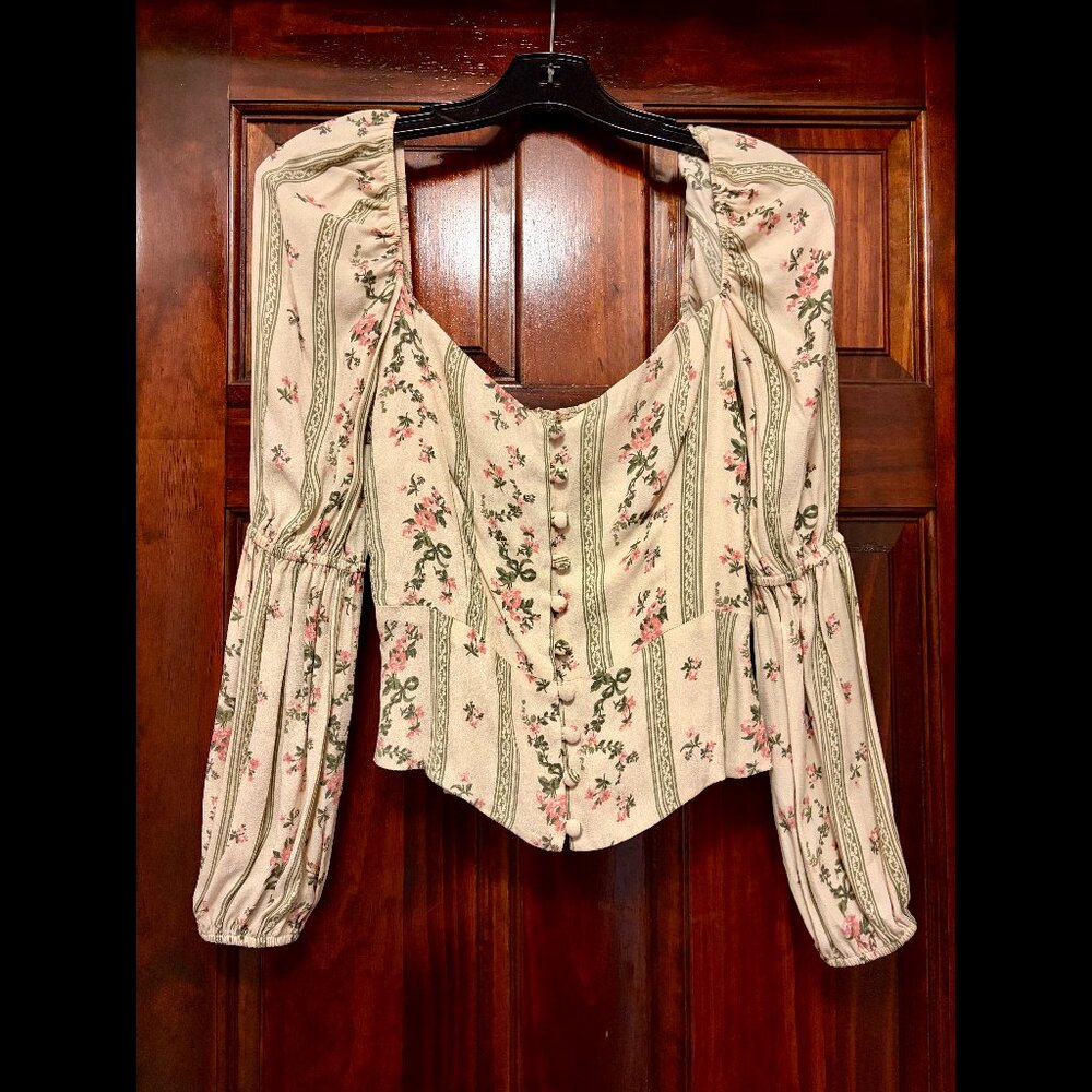 Cream, Pink, Green Boho Floral Cottagecore Reformation Peasant Blouse (US 2)